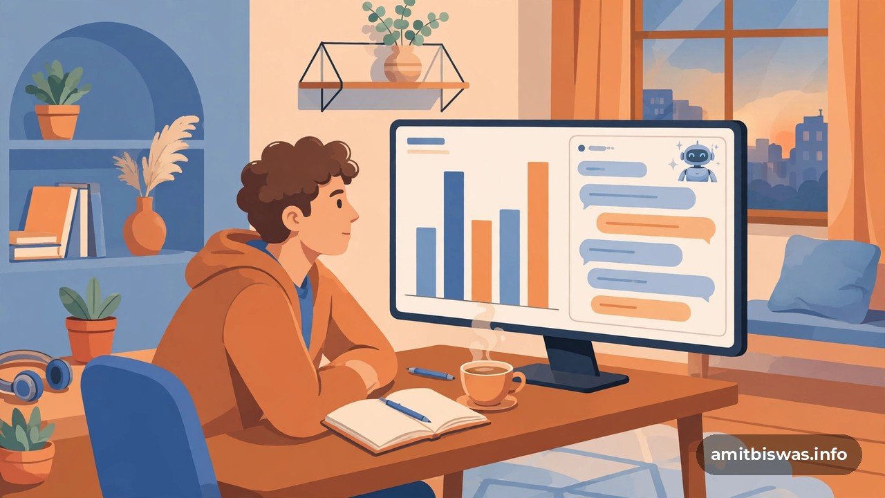 Illustration of a marketer at a desk reviewing AI search metrics