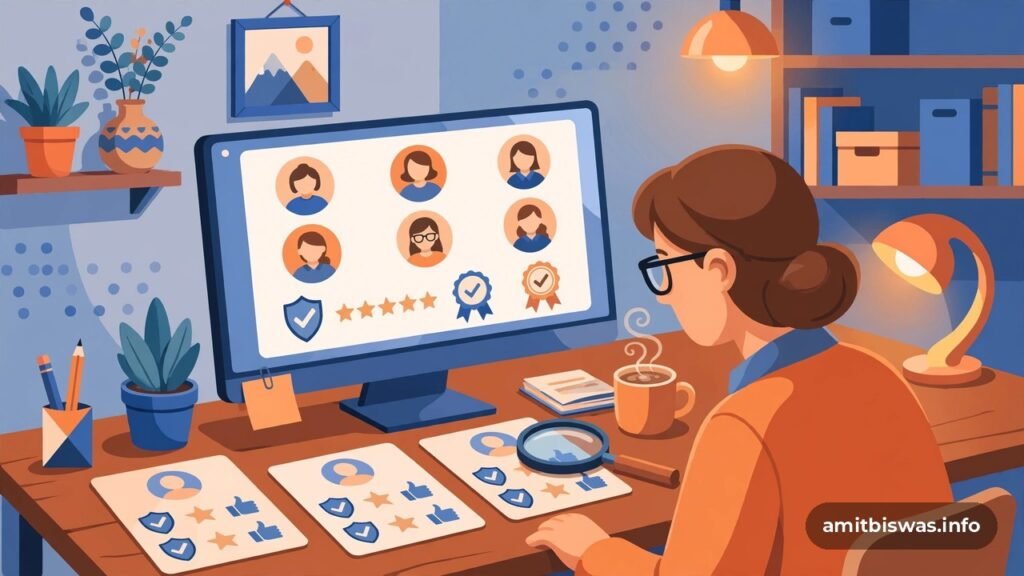 Marketer reviewing author profiles and trust signals on a monitor